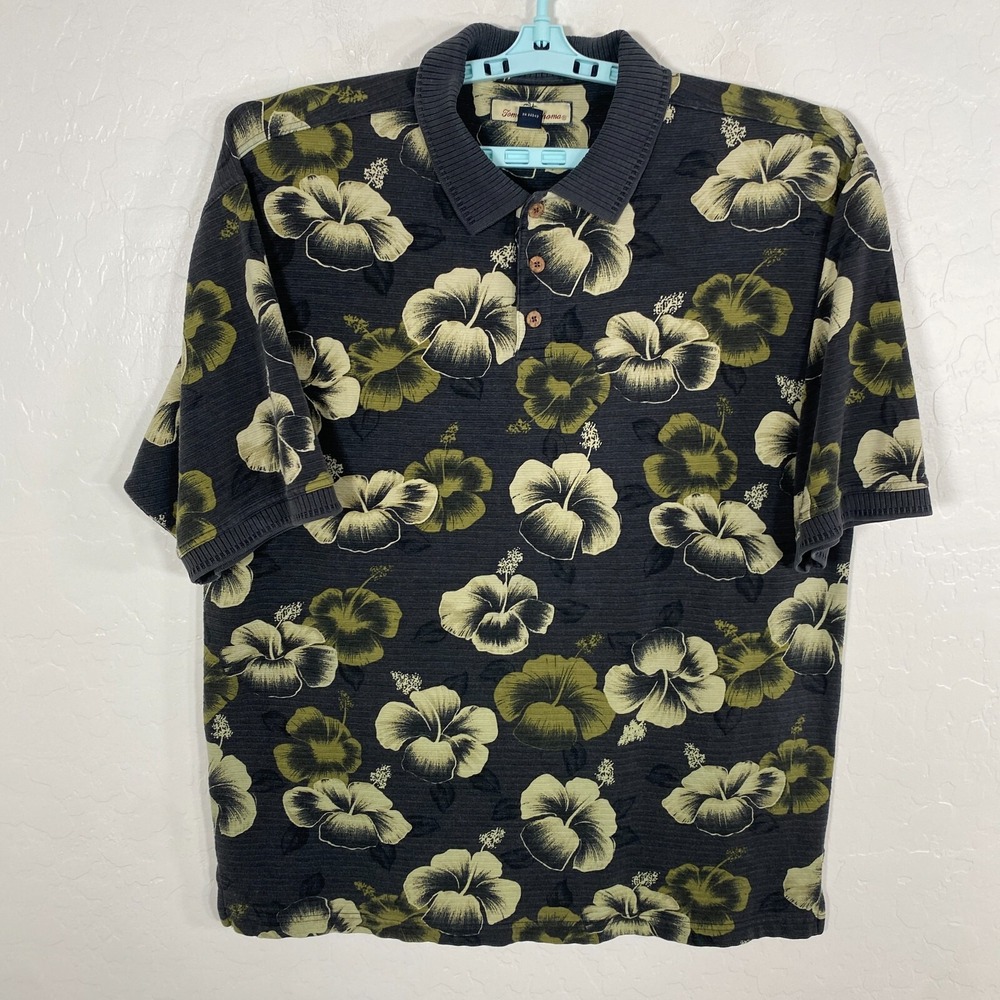 Tommy Bahama Polo Shirt‎ Mens Large Black Green Silk Blend Hawaiian Floral Beach